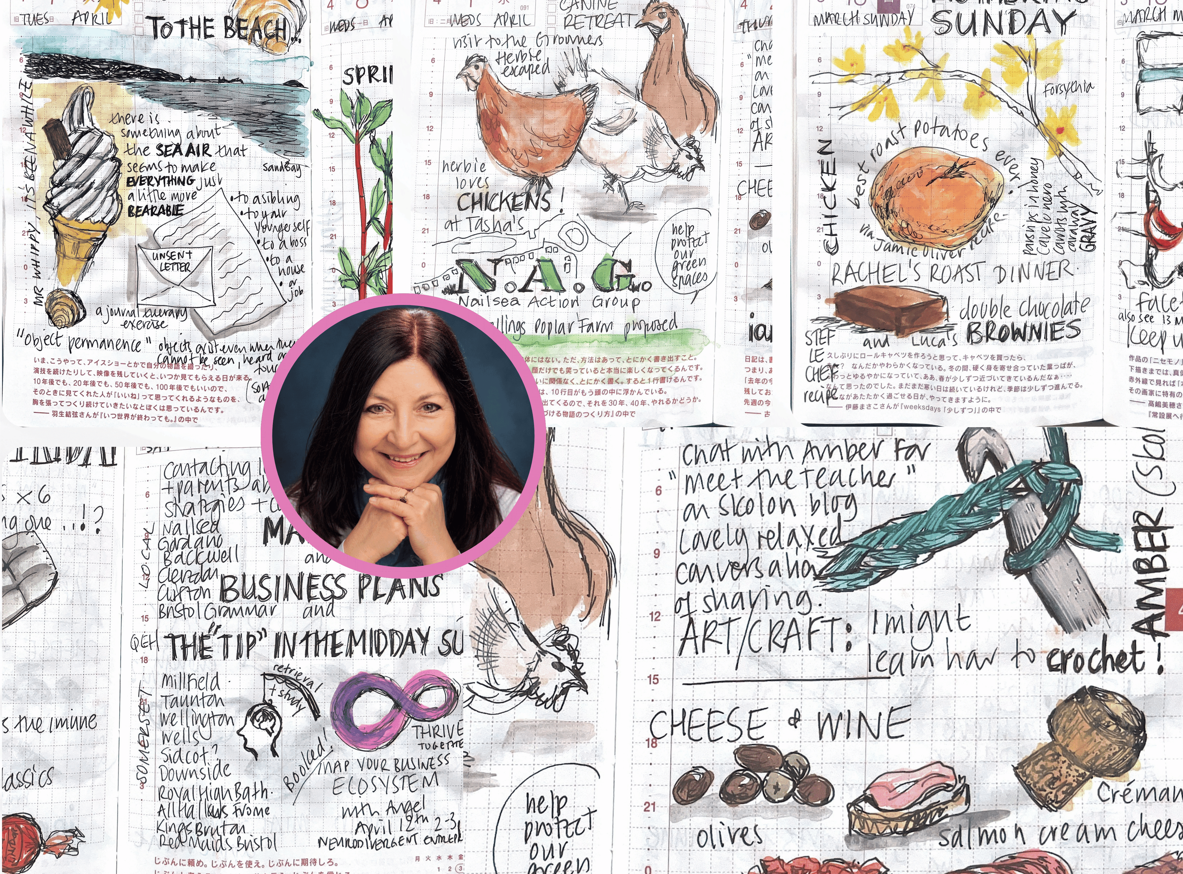 Nicki Hambleton — illustrator and Apple Distinguished Educator — pictured against a collage of her hand-drawn journal spreads.