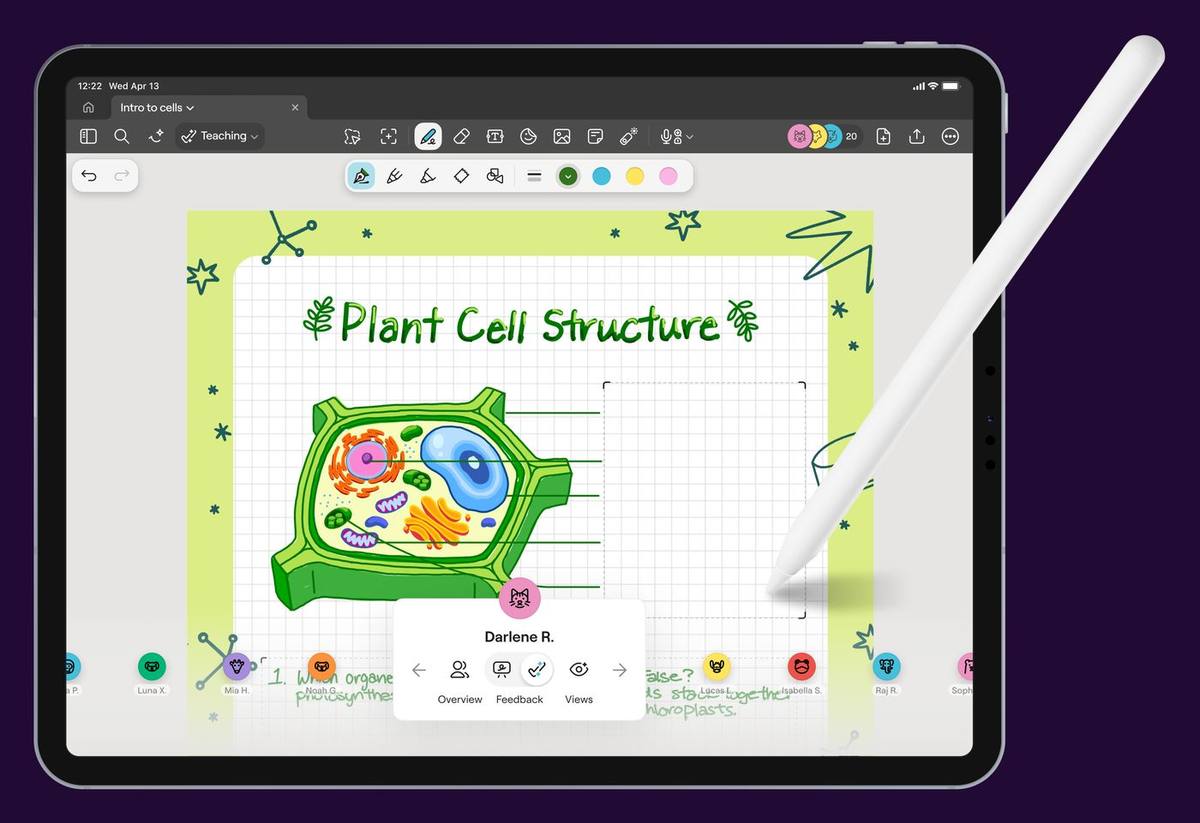 An iPad showing a Goodnotes lesson on plant cell structure: a labelled diagram annotated in green Apple Pencil handwriting, with a row of named pupil thumbnails along the bottom so the teacher can see every child's work live.