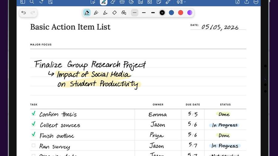 A Goodnotes group project page: several pupils working on the same shared document, each contributing handwritten notes and diagrams.