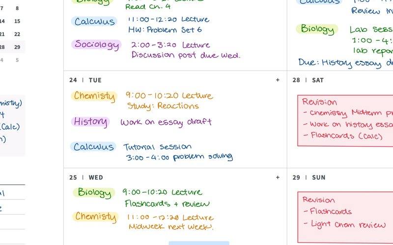 A Goodnotes weekly planner page open on an iPad, handwritten and colour-coded.