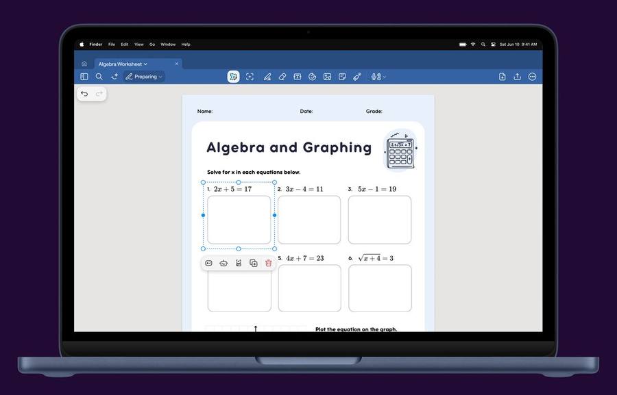 Goodnotes in prep mode on a MacBook: an algebra worksheet with empty answer boxes being drawn onto the page, ready to hand out to a class.